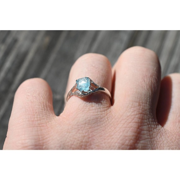 Raw Aquamarine Engagement Ring Timeless Diamond Wedding Band Contemporary - Picture 1 of 5